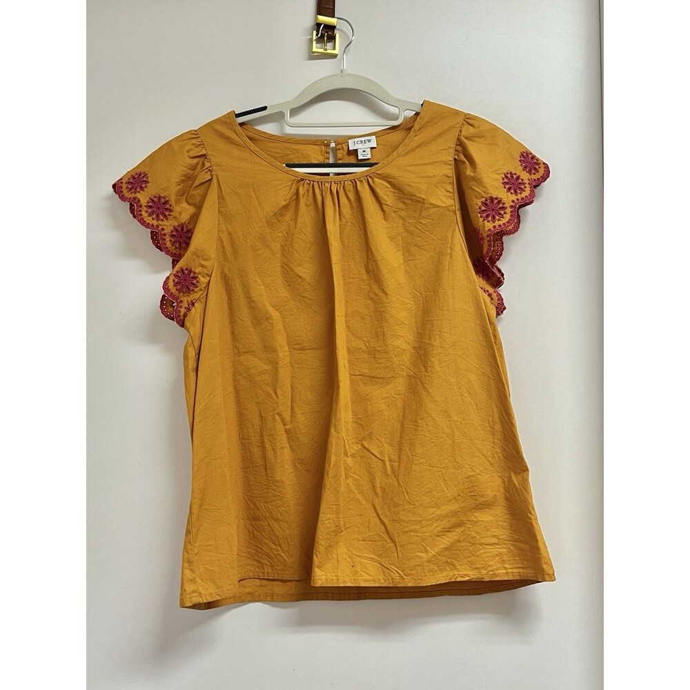 J. Crew Womens Orange Blouse Flutter Pink Floral Embroidered Sleeve Cutouts SZ M